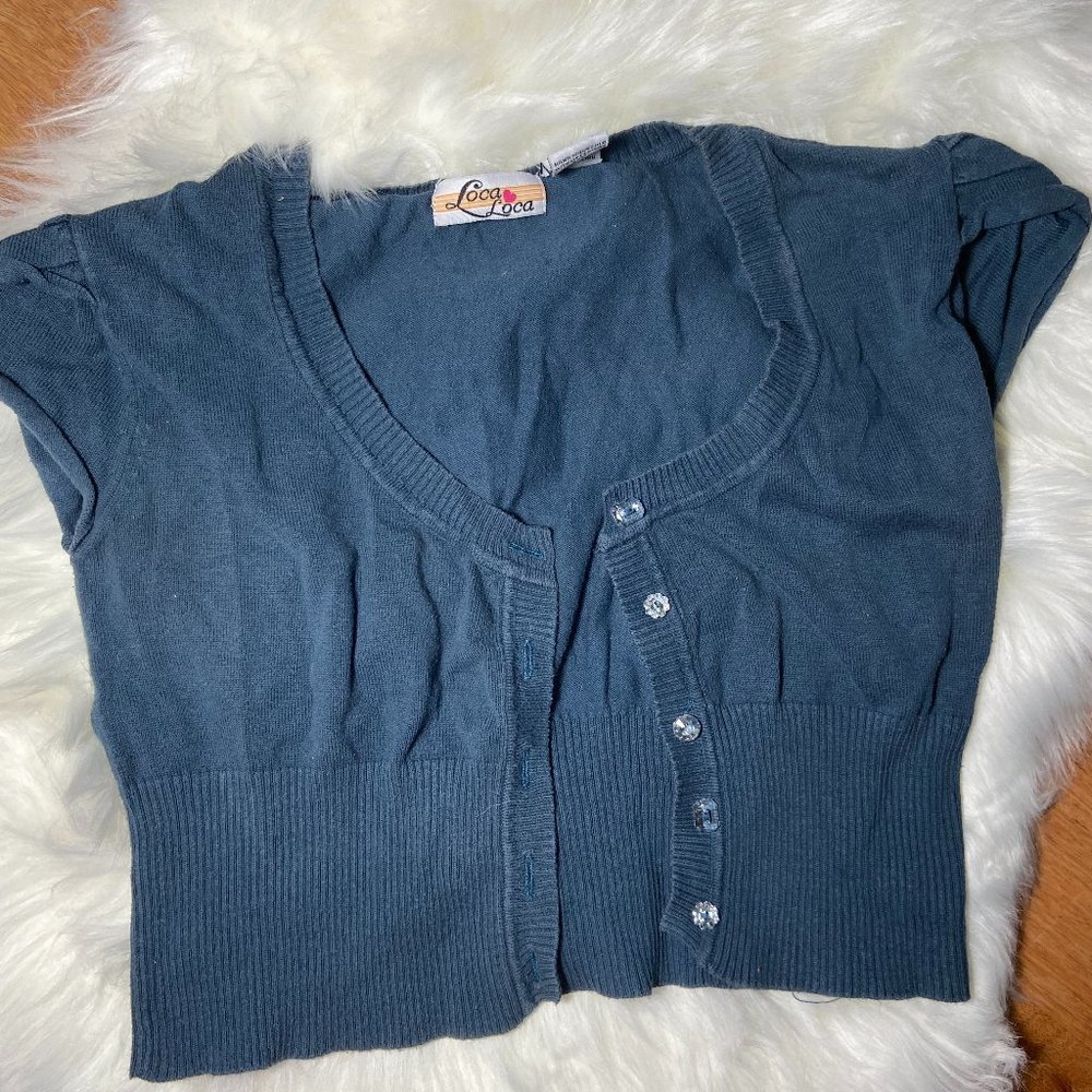 blue crop top with rhinestone gem like button size small medium